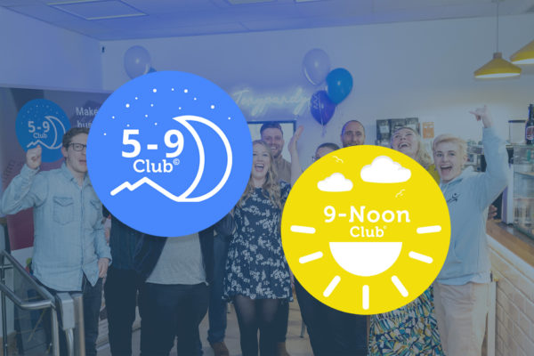 The 5 to 9 Club and 9 to Noon Club logos pictured over a 5 to 9 Club pitch event.