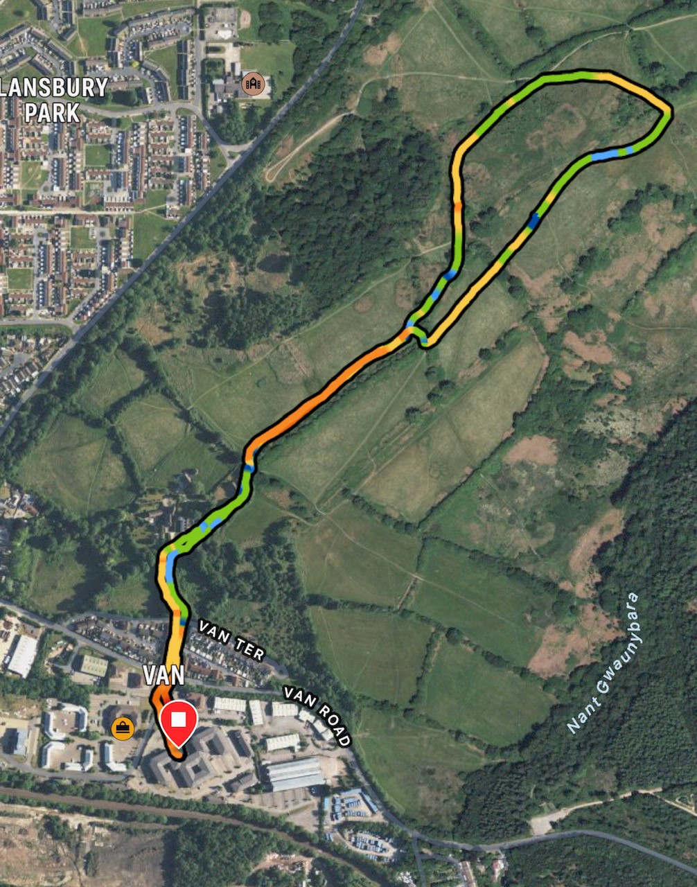 Satellite image of walk between Welsh ICE and the nearby fields.