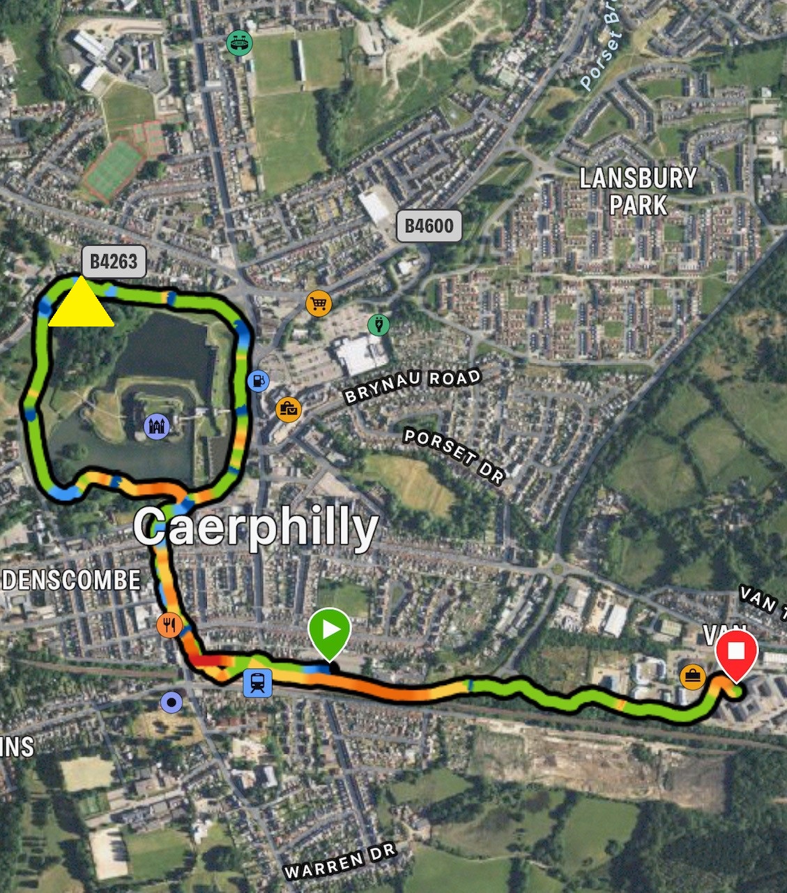 Satellite image of a walk between Welsh ICE and Caerphilly Castle.