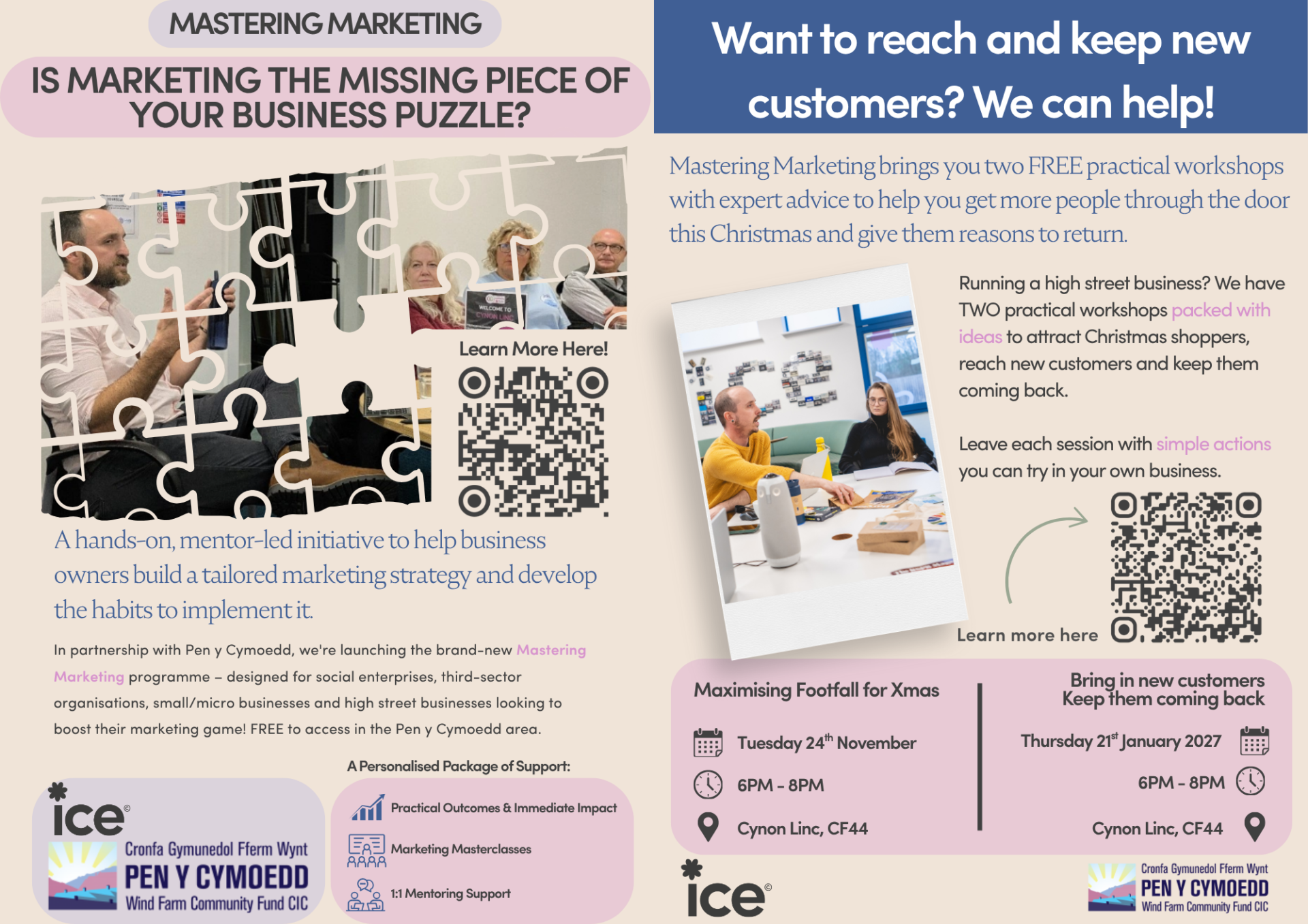 Business flyers for the Mastering Marketing Pen Y Cymoedd workshops and mentoring